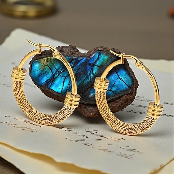 🆕 Chic Elegant 18K Gold Plated Stainless Steel Dainty Mesh Trendy Hoop Earrings - Picture 6 of 12